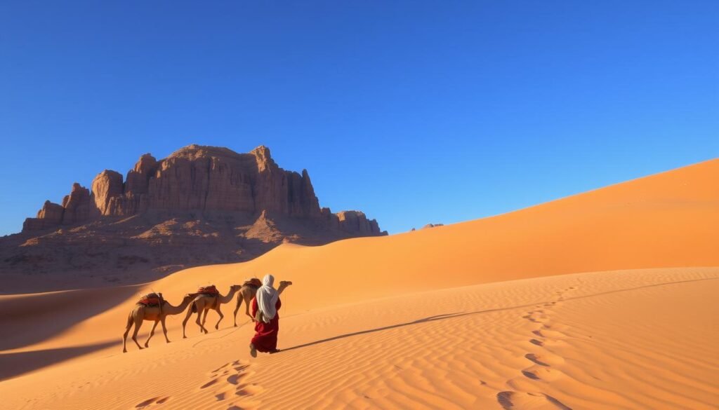 Camel trekking in Sahara desert